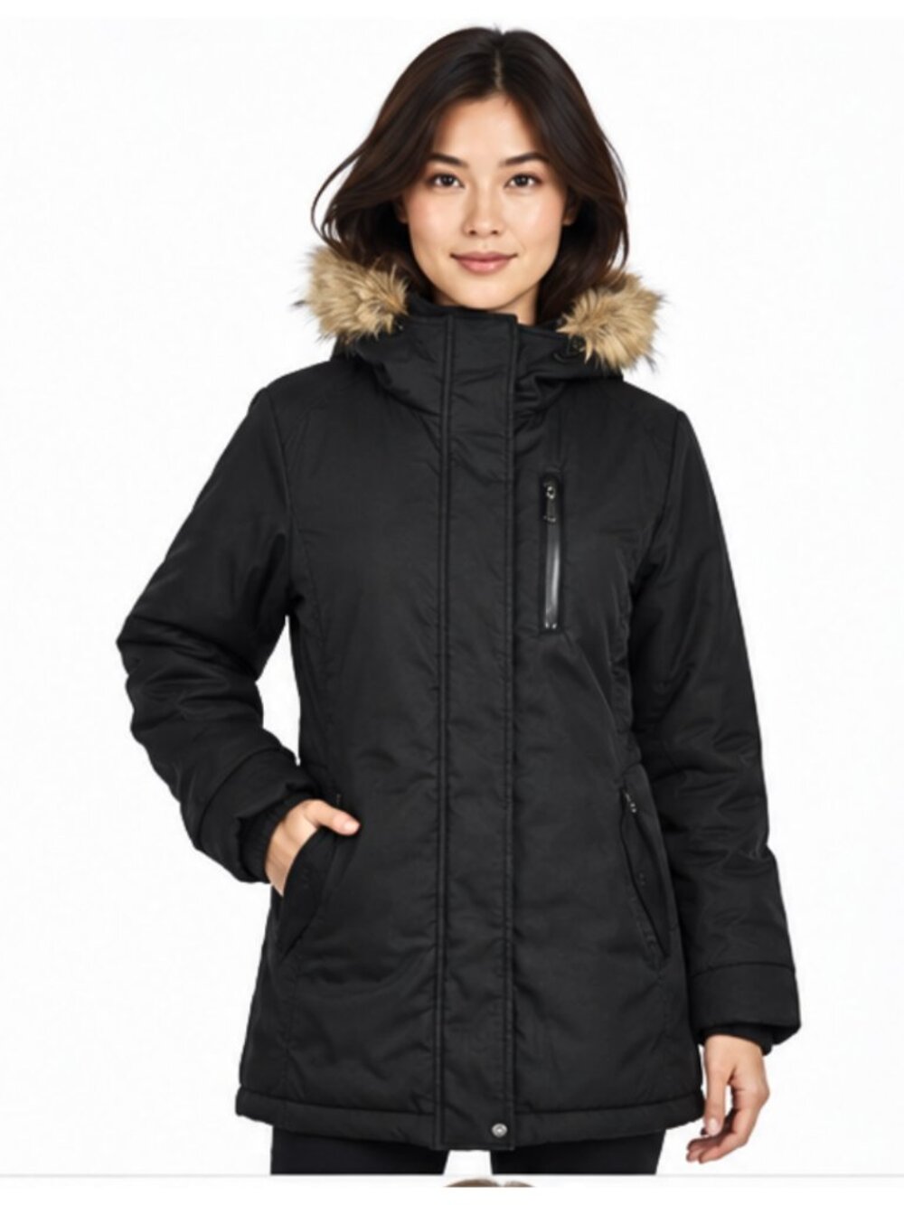 Leaf Women’s Black Insulated Winter Parka Faux-Fur Hood Size M